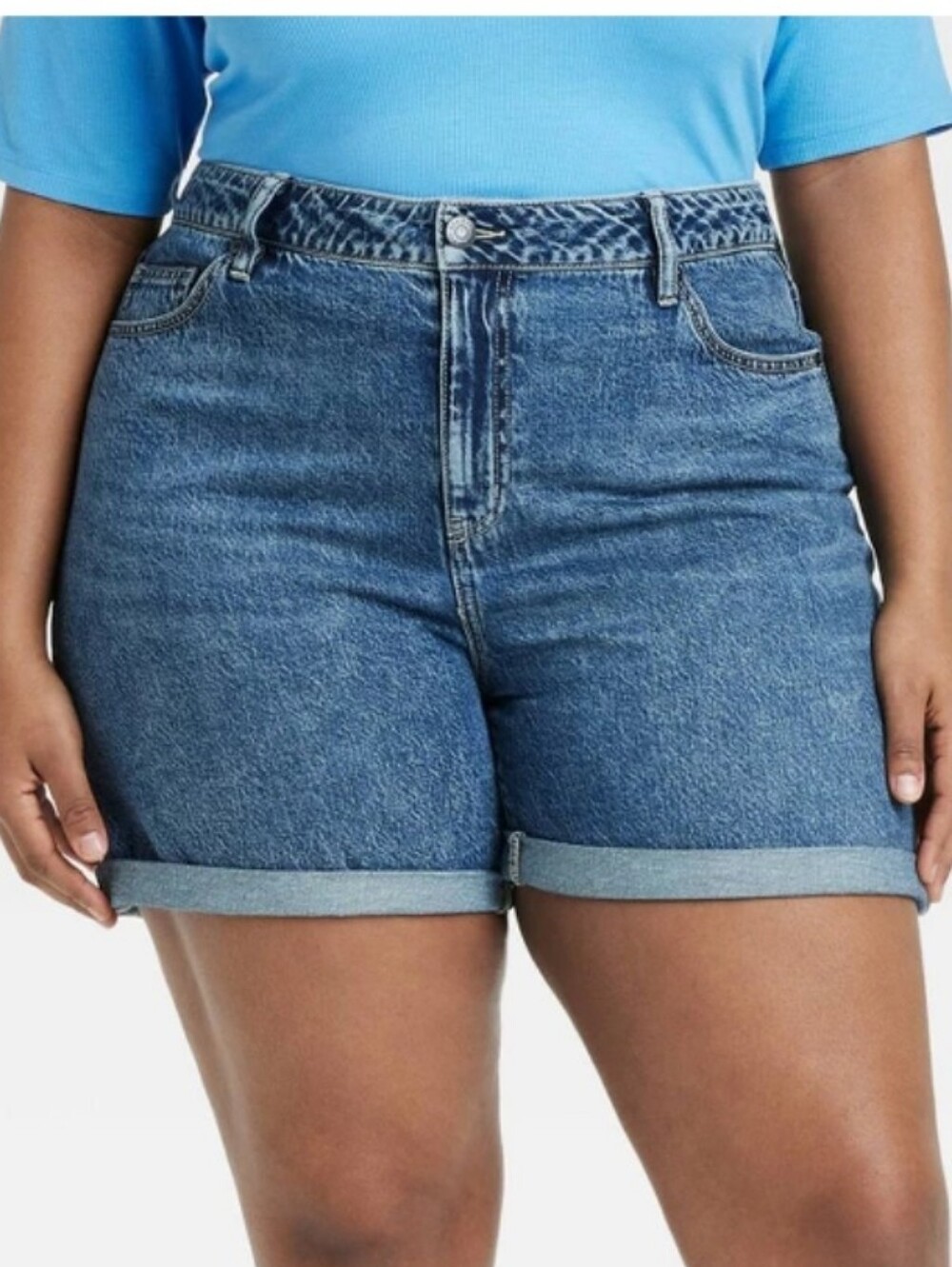 Women's High-Rise Midi Cuffed Jean Shorts - Ava & Viv Medium Dark Wash 16